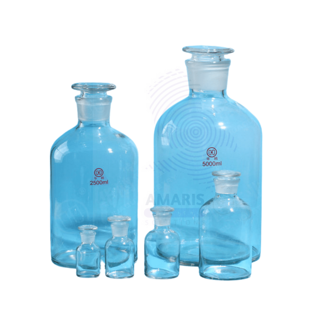 Clear laboratory reagent bottles